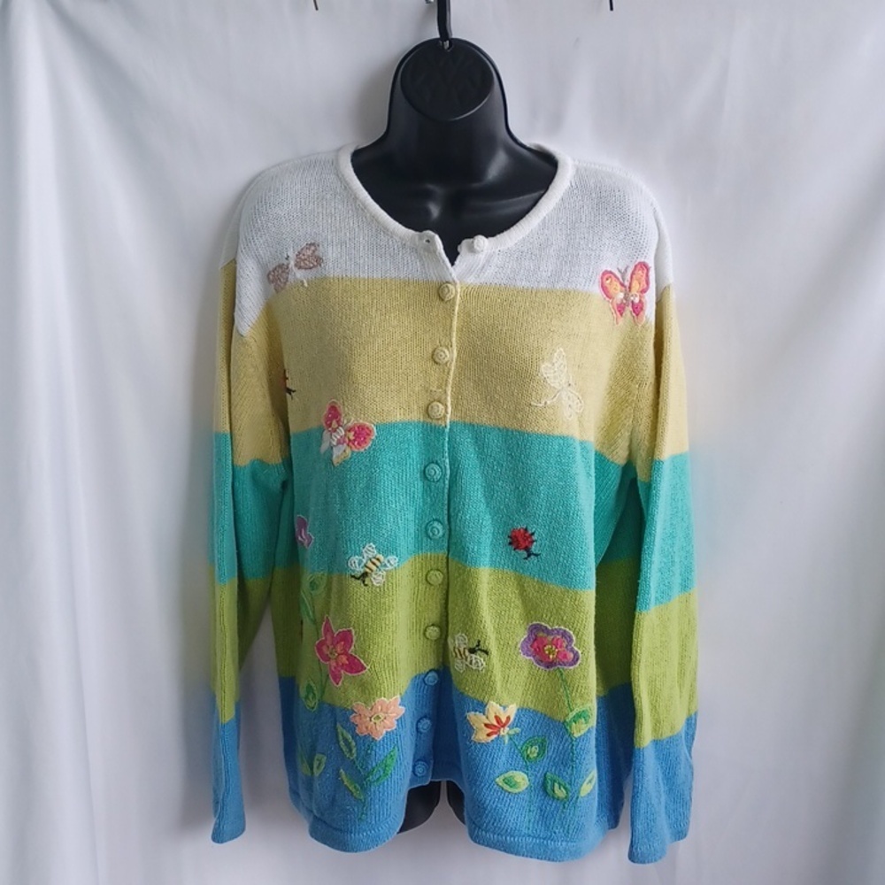 Stitches in Time button front cardigan, 1X, Embroidered, Butterflies, Flowers